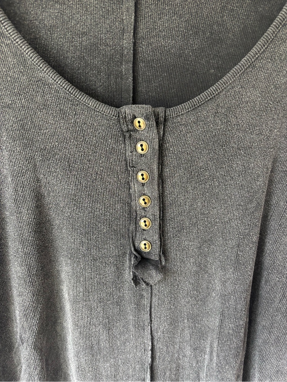 POL Charcoal Gray Scoop Neck Ribbed Henley Long Sleeve T-shirt Button Front - Picture 2 of 9